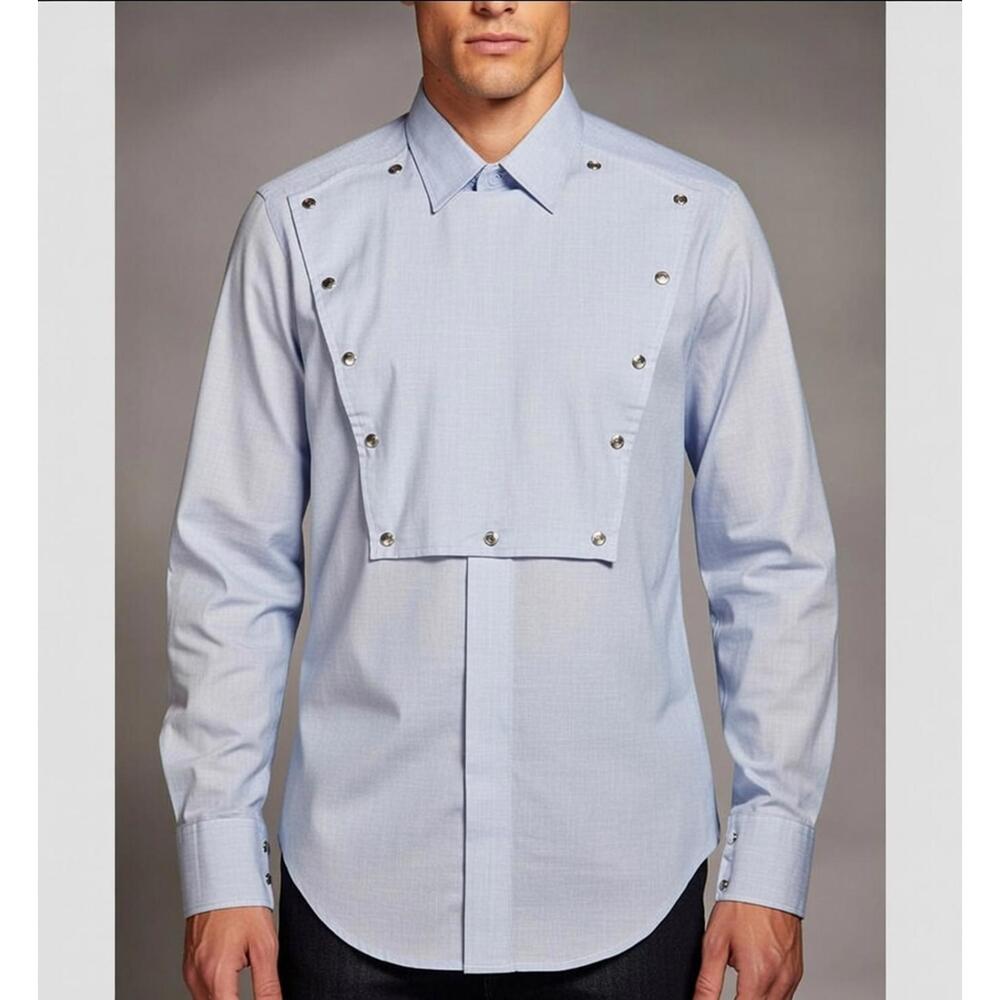 VTG H Bar C Shirt Mens Sm/Med Blue Chambray Calvary Bib Pearl Western Rockabilly